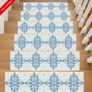 Blue Motif Stair Tread Rug: Custom Non-Slip Stair Decor