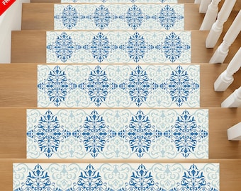 Alfombra para escalones con motivo azul: decoración antideslizante personalizada para escaleras