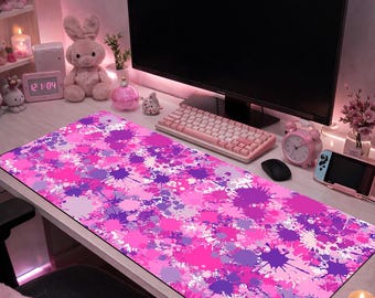 Pink Mouse Pad, Aesthetic Desk Mat, Abstract Paint Splash Mousepad, Cute Desk Setup, Kawaii Desk Mat, XL Gaming Mouse Pad, Pink Desk Decor