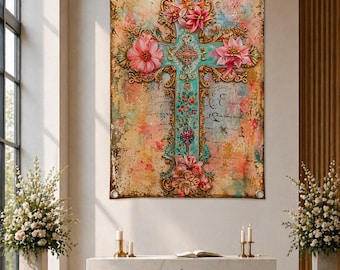 Floral Cross Wall Tapestry, Christian Wall Hanging, Vintage Pastel Faith Decor, Religious Wall Art, Prayer Room Decor, Soft Aesthetic Gift