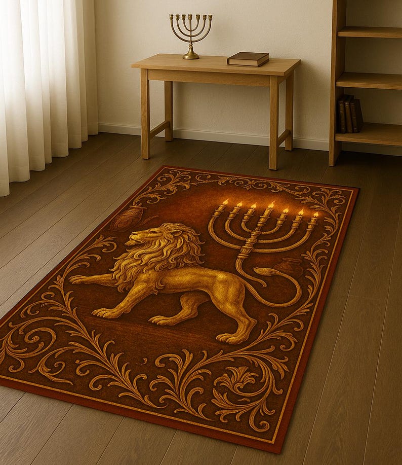 Judaica Rug Lion of Judah Prayer Rug: Menorah, Star of David, Floral Judaica Decor ...