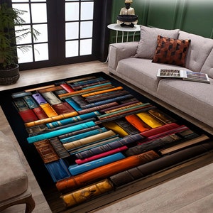 Bookcase Rug,Library Rug,Book Art Rug,Vinatge Carpet,Bookworm Rug,Office Rug,Living Room Rug,Cool Rug,Retro Carpet,Bedroom Rug