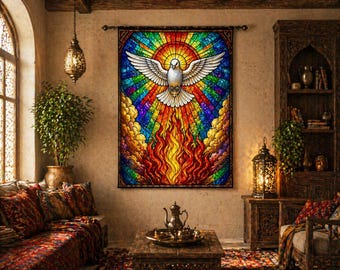 Holy Spirit Dove Wall Tapestry, Stained Glass Rainbow Art, Christian Wall Hanging, Religious Home Decor, Spiritual Gift, Prayer Room Decor