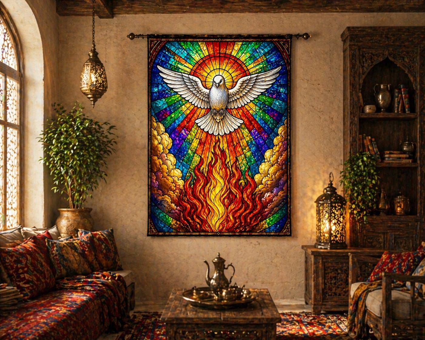 Holy Spirit Dove Wall Tapestry, Stained Glass Rainbow Art, Christian ...
