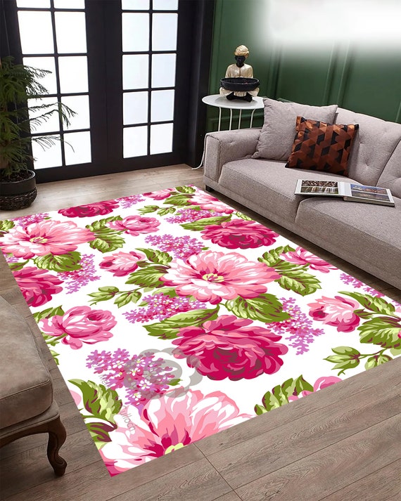 Pink Floral Rug: Modern Botanical Carpet, Elegant Home Decor - Etsy