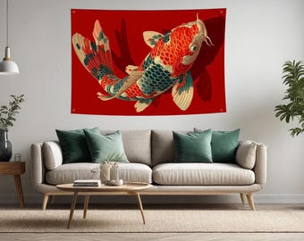 Japanese Koi Fish Wall Tapestry, Oriental Koi Carp Poster, Asian Fish Art Wall Hanging, Zen Aesthetic Room Decor