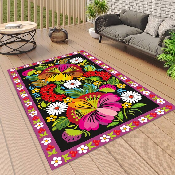 ラグ・カーペット vintage granny rug blanket flower garden Floral Garden Rug: Colorful Flower Framed Carpet, Non Slip