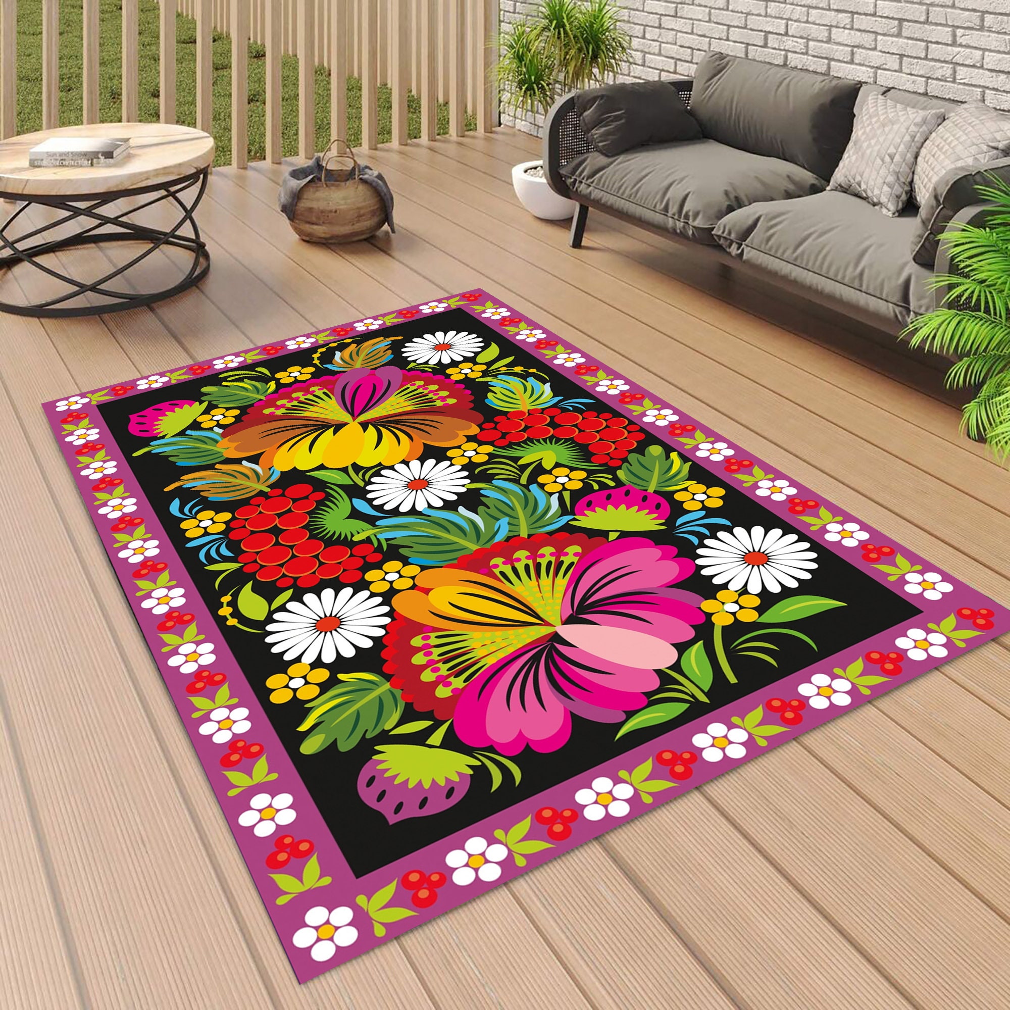 Floral Garden Rug: Colorful Flower Framed Carpet, Non Slip