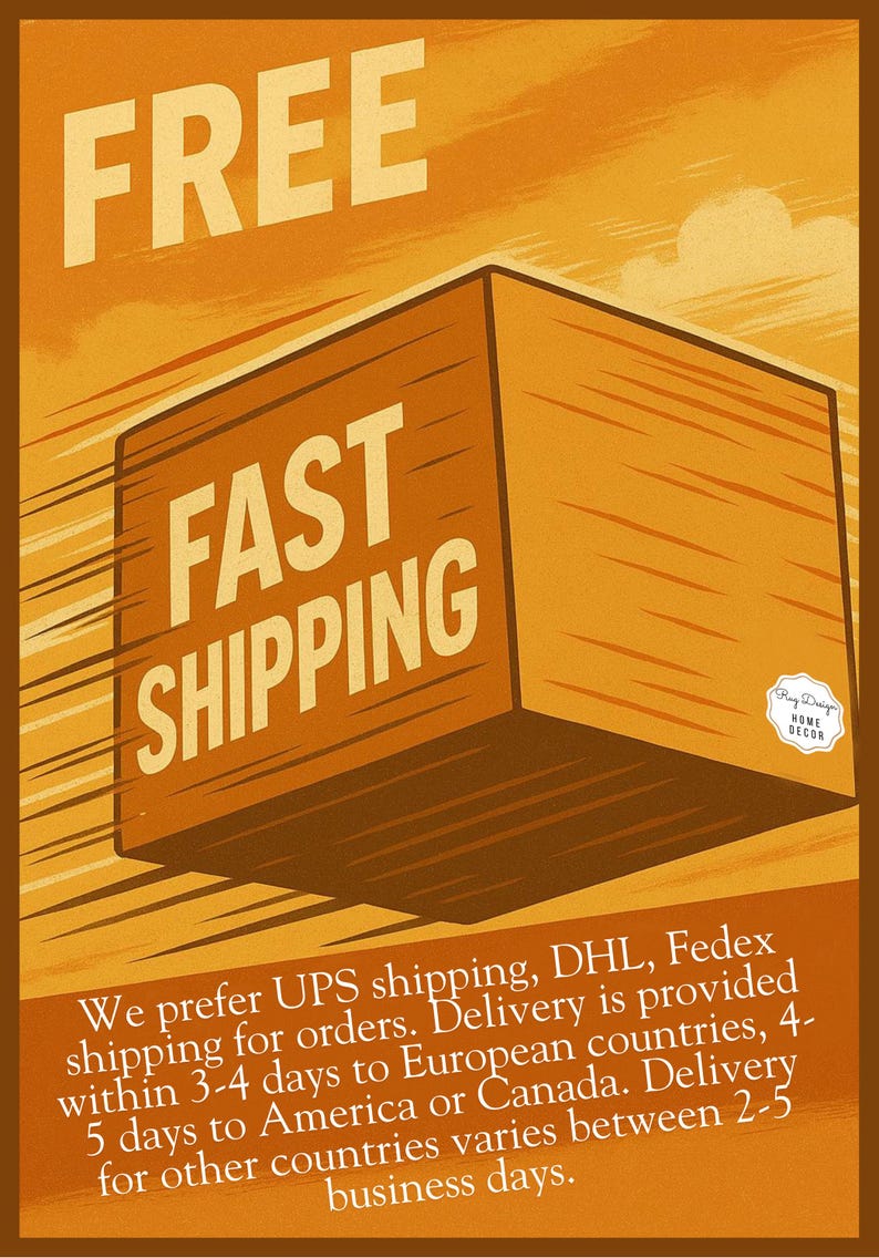 May include: A vintage-style poster with a brown and orange color scheme. The words "FREE" and "FAST SHIPPING" are prominently displayed. A stylized wooden box is in the center, with a small logo in the upper right corner.