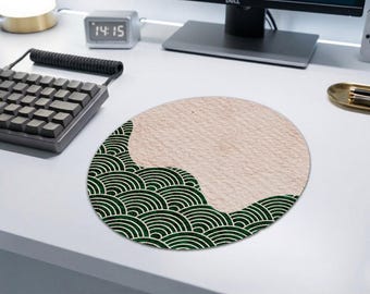 Round Mouse Pad Minimal, Aesthetic Desk Mat, Japanese Wave Mousepad, Boho Desk Setup, Circle Mouse Pad, Minimalist Desk Mat