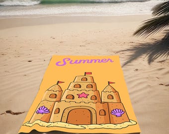 May include: A yellow beach towel featuring a cartoon sandcastle and the word "Summer" in purple lettering.