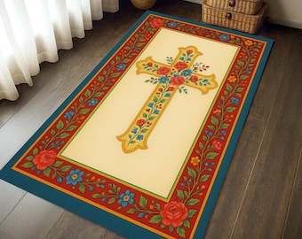 Floral Cross Prayer Rug: Christian Home Decor Mat