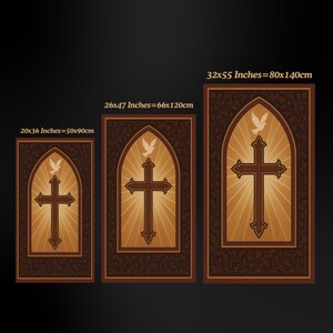 May include: Three framed religious art pieces featuring a cross and dove design. The largest measures 32x55 inches (80x140cm), the middle one is 26x47 inches (66x120cm), and the smallest is 20x36 inches (50x90cm). Each has a brown frame and a gold background.