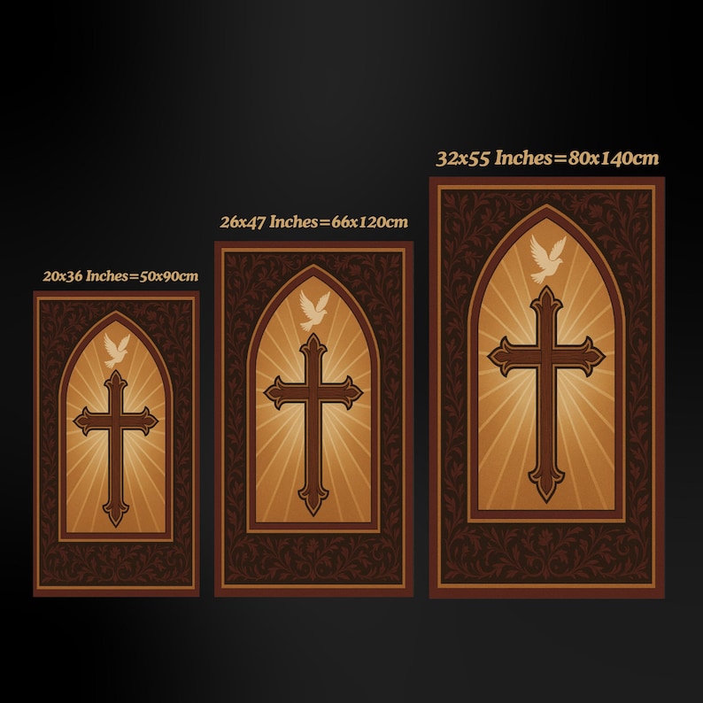 May include: Three framed religious art pieces featuring a cross and dove design. The largest measures 32x55 inches (80x140cm), the middle one is 26x47 inches (66x120cm), and the smallest is 20x36 inches (50x90cm). Each has a brown frame and a gold background.