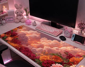 Sunset Cloud Mouse Pad, Floral Desk Mat, Aesthetic Desk Setup, Dreamy Sky Mousepad, Coquette Desk Decor, XL Gaming Mouse Pad, Cute Desk Mat