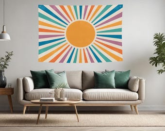 Retro Sunburst Wall Tapestry, Colorful Sun Rays Poster, Vintage Sunshine Wall Hanging, Mid Century Aesthetic Decor