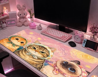 Cute Cat Mouse Pad, Kawaii Desk Mat, Aesthetic Cat Mousepad, Pastel Desk Setup, Soft Girl Desk Decor, XL Gaming Mouse Pad