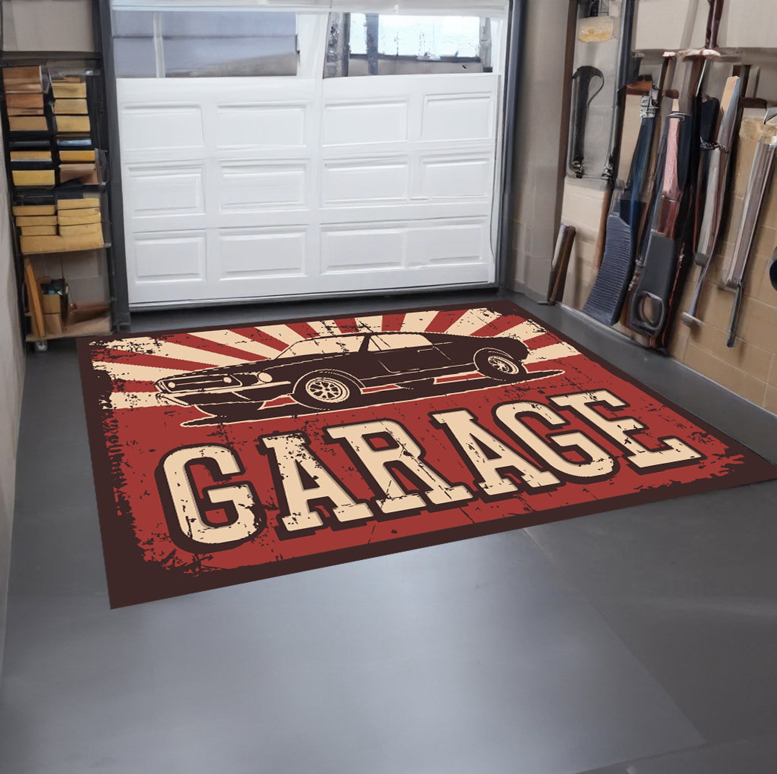 Shell Garage Rug Retro Garage Rug: Classic Car Design, Microfiber Polyester - Etsy