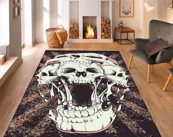 Skull Rug: Gothic Horror Art Carpet, Washable Skeleton Decor