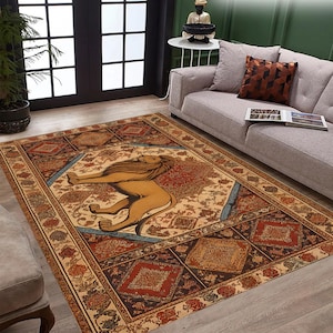 Alfombra vintage con diseño de león: arte animal, decoración moderna para el hogar