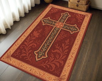 Christian Prayer Rug: Floral Cross Design, Soft Christian Mat