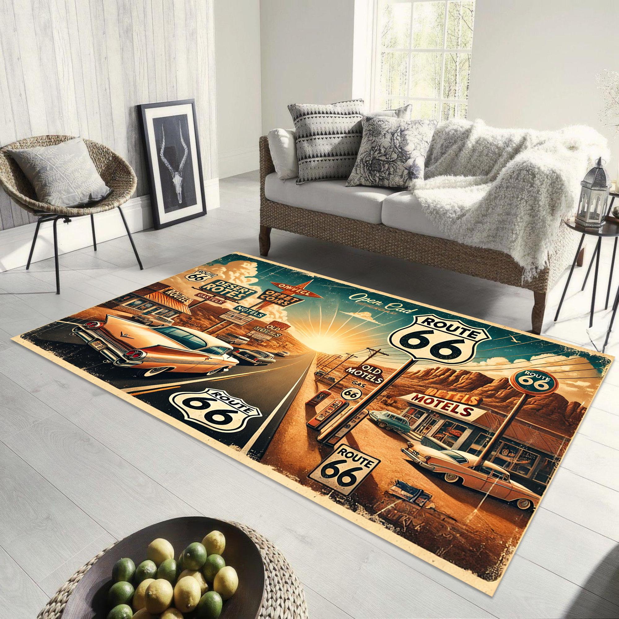 ROUTE 66 デザイン ラグ マット ヴィンテージ風 Route 66 Car Rug: Vintage Style Non-slip Microfiber Carpet - Etsy