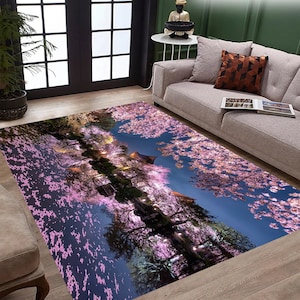 桜の花のラグ、桜のラグ、日本の桜のラグ、風景のラグ、桜のラグ、ビューラグ、リビングルームのラグ、モダンな室内装飾、カスタムラグ