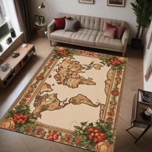 Tapete de mapa-múndi, tapete de mapa da Anatólia, tapete de mapa e flores, tapete Oushak moderno, tapete rústico, tapete medieval, tapete de estilo nórdico, tapete de flores silvestres, tapete floral
