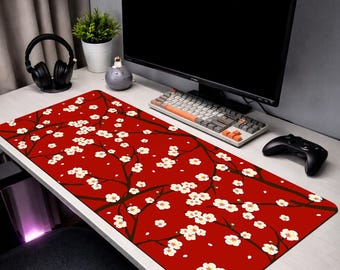Cherry Blossom Mouse Pad, Japanese Desk Mat, Sakura Mousepad, Floral Desk Mat, Aesthetic Desk Setup, Red Desk Mat, XL Gaming Mouse Pad