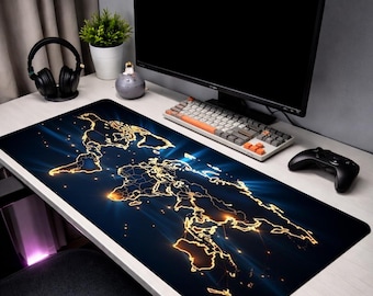 Gold World Map Mouse Pad, Luxury Desk Mat, World Map Desk Mat, XL Gaming Mouse Pad, Aesthetic Office Desk Mat, Modern Desk Setup