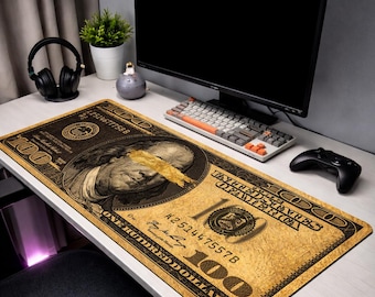 Dollar Mouse Pad, Money Desk Mat, Gold 100 Dollar Mousepad, Luxury Desk Setup, XL Gaming Mouse Pad, Office Desk Decor