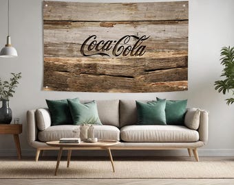 Coca-Cola Rustic Wood Wall Tapestry, Vintage Coke Wooden Sign Poster, Retro Soda Bar Decor, Coca-Cola Wall Hanging