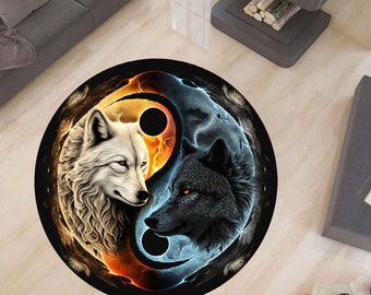 May include: A round rug with a yin yang design featuring two wolves, one white and one black. The white wolf is on the left side of the rug, and the black wolf is on the right side. The yin yang symbol is in the center of the rug, with the white side on the left and the black side on the right.
