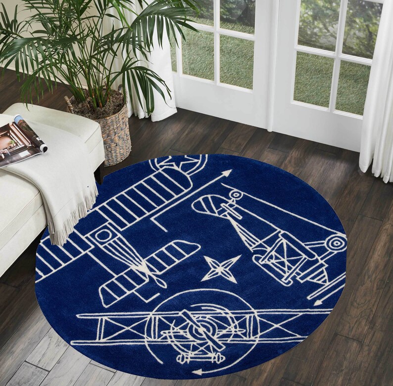 Airplane Blueprint Round Rug: Blue Aviation Decor - Etsy