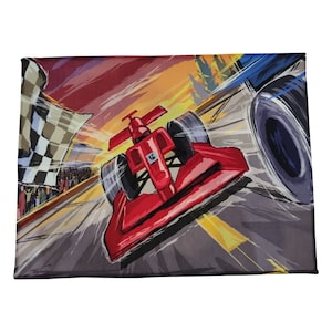 May include: A red race car with the number 12 on the side is speeding down a race track. The car is in the foreground of the image, and the checkered flag is in the background. The image is painted in a cartoon style.