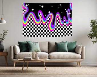 Retro Neon Rainbow Wall Tapestry, Vaporwave Checkerboard Poster, 90s Aesthetic Wall Hanging, Colorful Abstract Room Decor