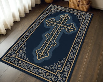 Christian Prayer Rug: Cross & Floral Design, Soft Microfiber