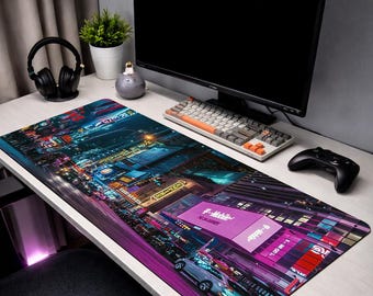 Cyberpunk City Mouse Pad, Neon City Desk Mat, Night City Desk Mat, Aesthetic Gaming Mousepad, RGB Desk Setup, Urban Street Mouse Pad