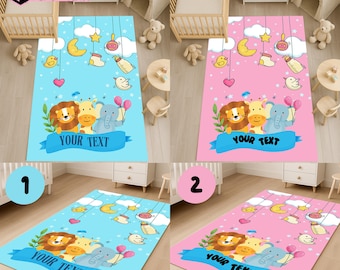 Personalized Kids Rug: Animal Jungle Nursery Carpet, Blue or Pink