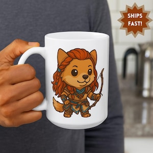 Cartoon Dog Mug in Warrior Costume | Archer Animal Coffee Cup | Retriever Dog Video Game Inspired Mug | Unique Gift for Dog and Game Lovers