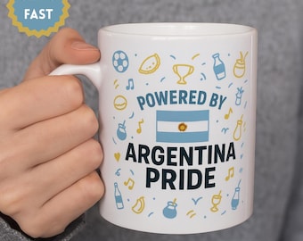 Argentina Flag Unique Coffee Mug Gift | Powered by Argentina Pride with Mate Soccer Empanada Tango Music Icons Mug | Patriotic Vintage Gift