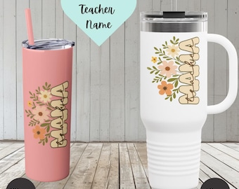 Leraar mama-beker met rietje en bloemdessin | Aangepaste leraar naam mama beker | Stijlvolle geïsoleerde lerarenbeker | Cadeau reisbeker