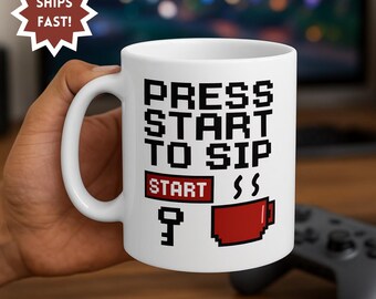 Retro Gamer Coffee Graphics Mug | Pixelated Text Press Start to Sip Mug Gamer Coffee Cup | Funny Gift for Players | Video Games Lover Mug