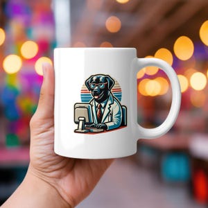 Funny Black Labrador Retriever Wearing Glasses and a Tie, Sitting at a Computer and Appearing to Work Graphic Mug | Programmer Pup Humor Mug