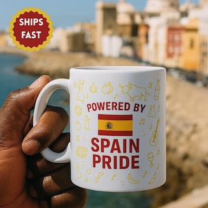 Spain Flag Coffee Mug | Powered by Spain Pride Mug Gift for Father | Spanish Cultural Icons Like Flamenco Bull, Paella, and Guitars Mug