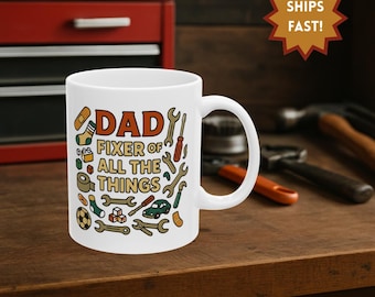 Fixer of All Things Handy Dad Unique Coffee Mug | Minimalist Design of a Wrench, Screwdriver, and More | Father's Day and Birthday Gift