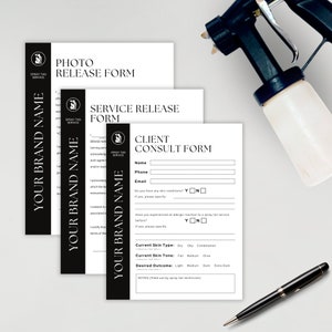 Formulario de consulta de cliente para artistas de bronceado en aerosol / Formulario de autorización de servicio y autorización de fotografías / Exención de responsabilidad por bronceado en aerosol / Plantillas editables / MEMBRETE A4 y EE. UU.