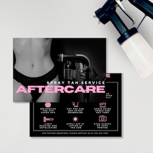 Nazorgkaart spray tan bewerkbaar sjabloonontwerp| Spraytanning-instructies | Zwart en roze | Klantenservicekaart | 5 x 7" |