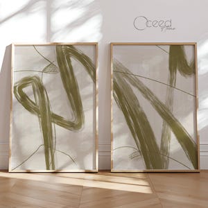 Set Of 2 Modern Olive Green Abstract Painting Art Print Contemporary Olive Green Wall Print Minimal Textured Print Instant Digital Download