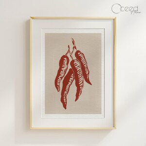 Väggtryck med röd chili i köket, retro köksaffisch, het chilipeppar, trendigt minimalistiskt kökstryck, digital nedladdning direkt